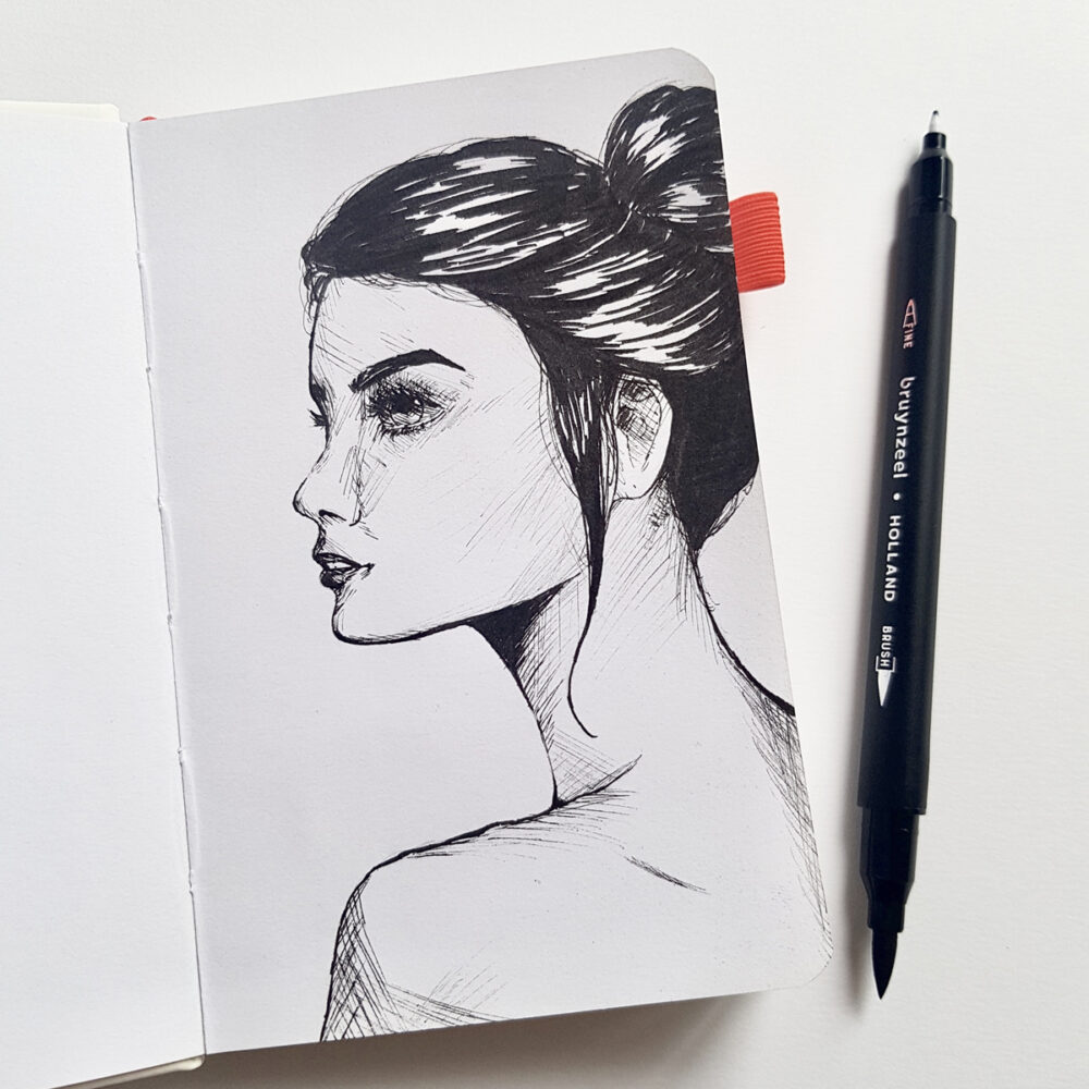 Expression Fineliner/Brush Pens sivellintusseilla tehty kuvitus naisesta