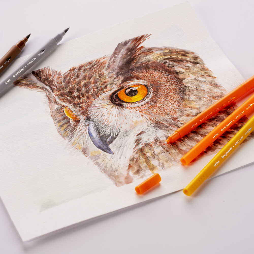 Expression Fineliner/Brush Pens sivellintusseilla piirretty pöllö